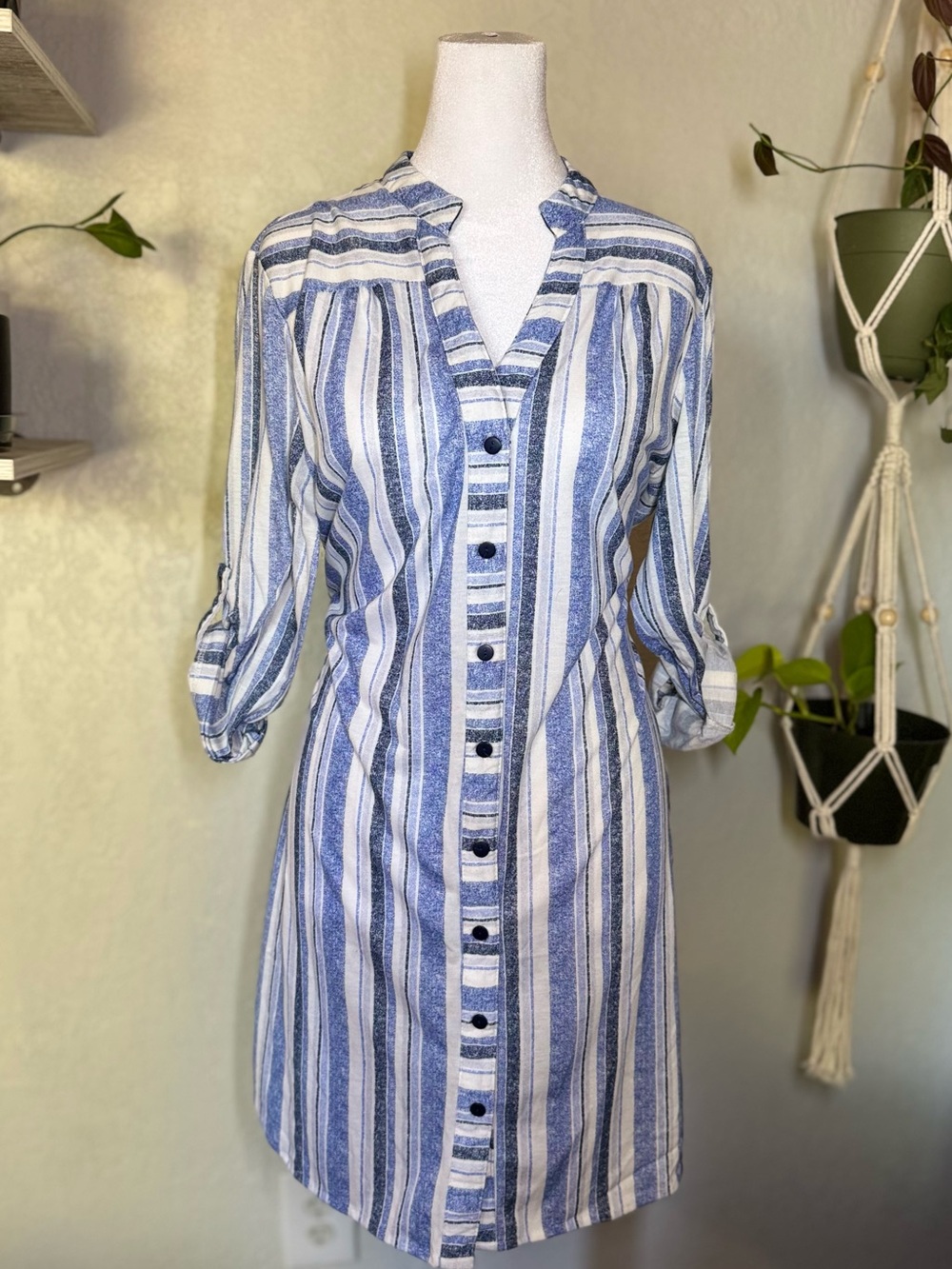 Passport Blue and White Striped Mini Shirt Dress